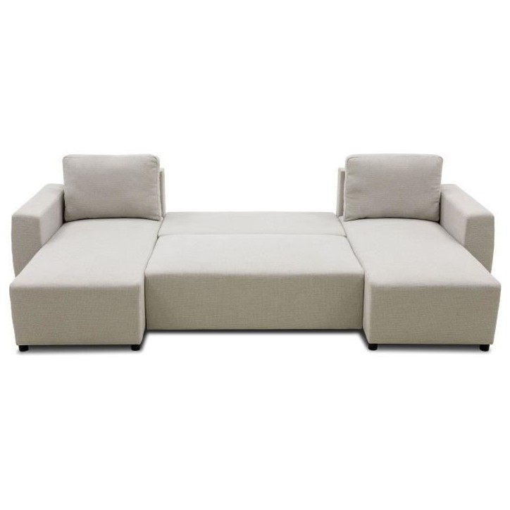 Canapé d'angle convertible panoramique PHARELL 5/6 places - Tissu beige - Coffre de rangement - L297 x P155 x H85 cm