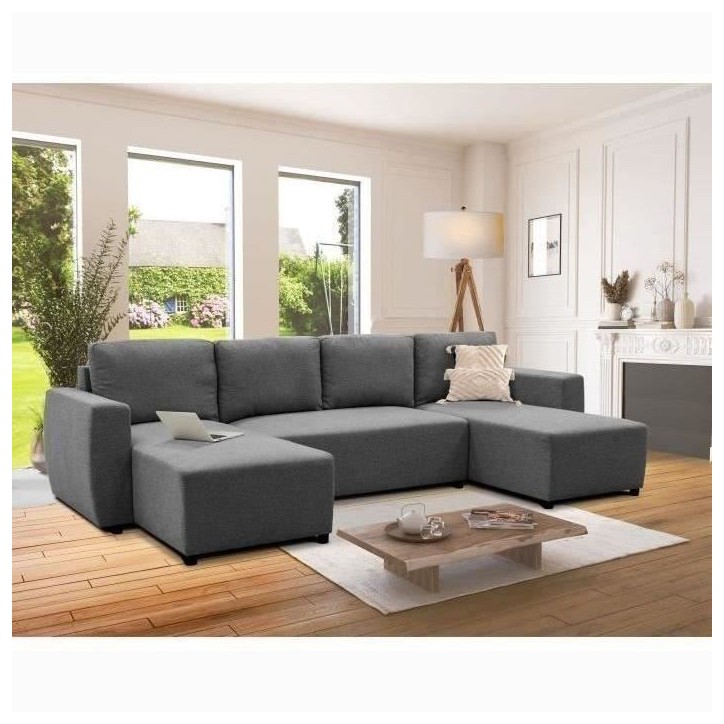 Canapé d'angle convertible panoramique PHARELL 5/6 places - Tissu anthracite - Coffre de rangement - L297 x P155 x H85 cm