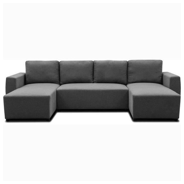 Canapé d'angle convertible panoramique PHARELL 5/6 places - Tissu anthracite - Coffre de rangement - L297 x P155 x H85 cm