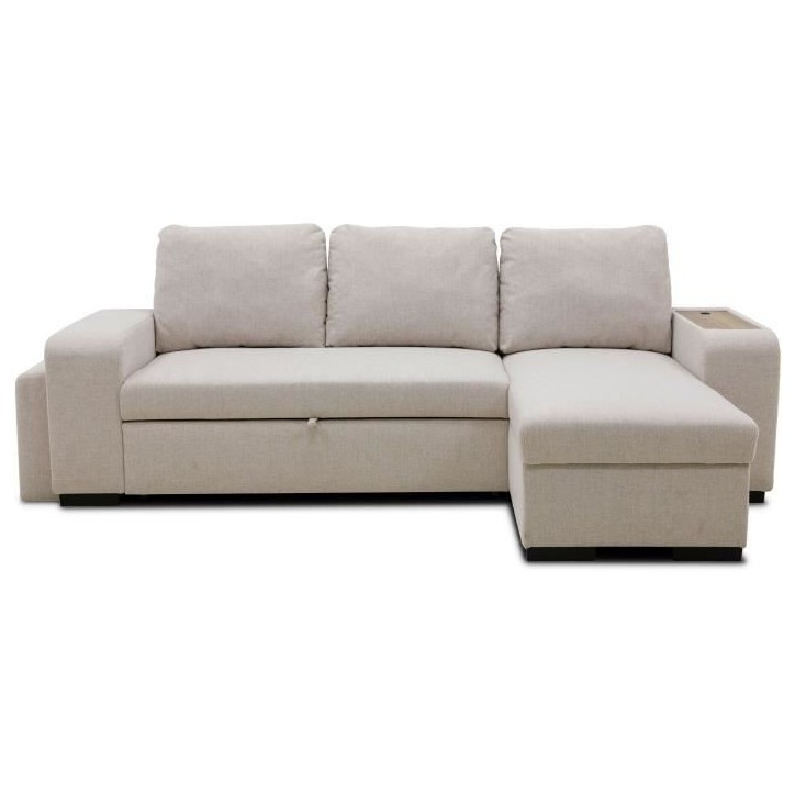 Canapé d'angle convertible réversible VALDO 3 a 4 places - Tissu Beige - Tablette avec USB - Coffre + Pouf - L247xP143xH86 cm Canapé d'angle convertible réversible VALDO 3 a 4 places - Tissu Beige - Tablette avec USB - Coffre + Pouf - L247xP143xH86 cm