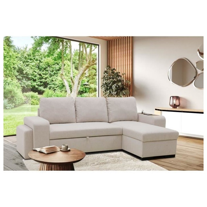 Canapé d'angle convertible réversible VALDO 3 a 4 places - Tissu Beige - Tablette avec USB - Coffre + Pouf - L247xP143xH86 cm Canapé d'angle convertible réversible VALDO 3 a 4 places - Tissu Beige - Tablette avec USB - Coffre + Pouf - L247xP143xH86 cm