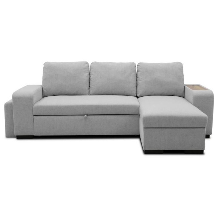 Canapé d'angle convertible réversible VALDO 3 a 4 places - Tissu Souris - Tablette avec USB - Coffre + Pouf - L247xP143xH86 cm