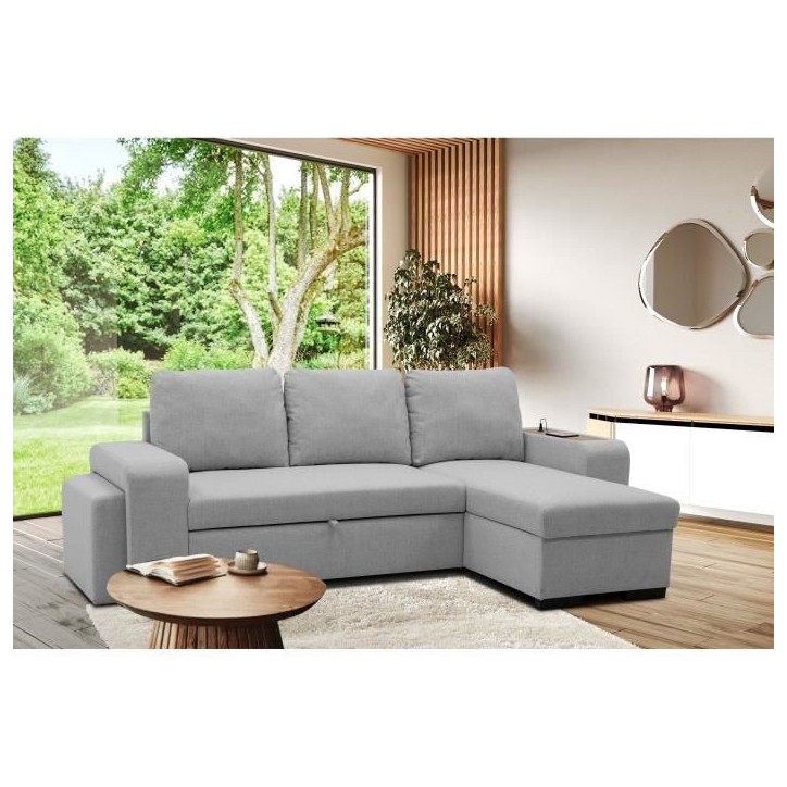Canapé d'angle convertible réversible VALDO 3 a 4 places - Tissu Souris - Tablette avec USB - Coffre + Pouf - L247xP143xH86 cm