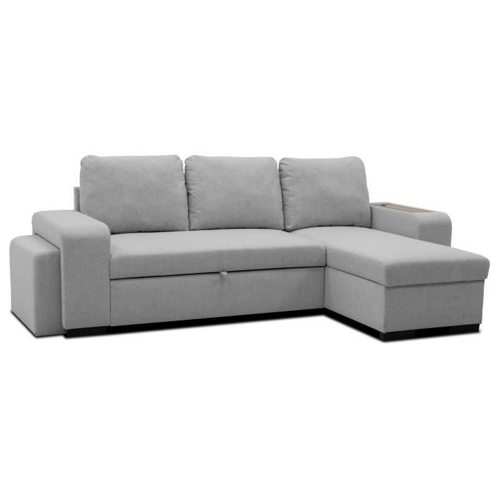Canapé d'angle convertible réversible VALDO 3 a 4 places - Tissu Souris - Tablette avec USB - Coffre + Pouf - L247xP143xH86 cm