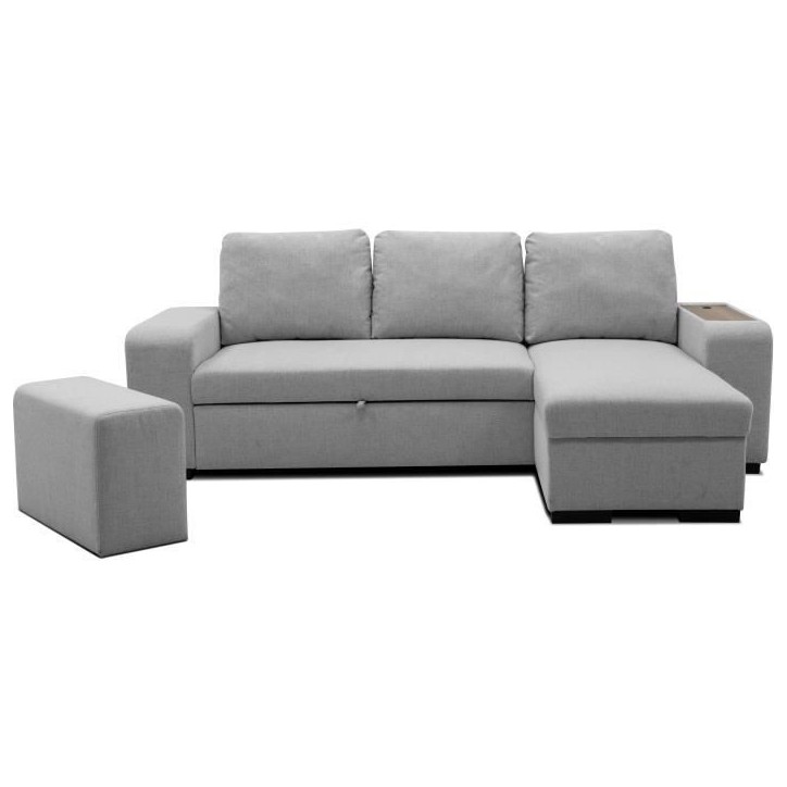 Canapé d'angle convertible réversible VALDO 3 a 4 places - Tissu Souris - Tablette avec USB - Coffre + Pouf - L247xP143xH86 cm