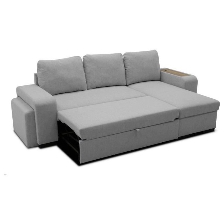 Canapé d'angle convertible réversible VALDO 3 a 4 places - Tissu Souris - Tablette avec USB - Coffre + Pouf - L247xP143xH86 cm