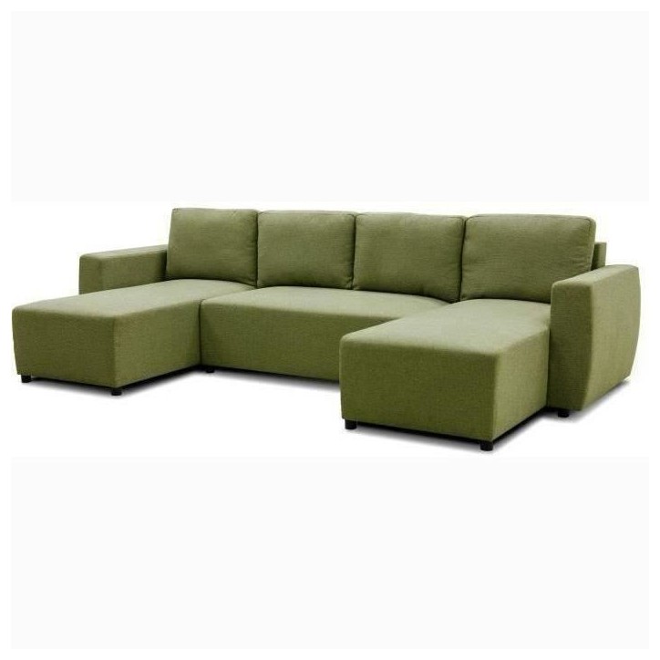 Canapé d'angle convertible panoramique PHARELL 5/6 places - Tissu olive - Coffre de rangement - L297 x P155 x H85 cm