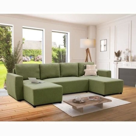 Canapé d'angle convertible panoramique PHARELL 5/6 places - Tissu olive - Coffre de rangement - L297 x P155 x H85 cm