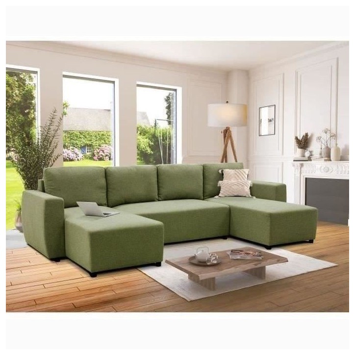 Canapé d'angle convertible panoramique PHARELL 5/6 places - Tissu olive - Coffre de rangement - L297 x P155 x H85 cm