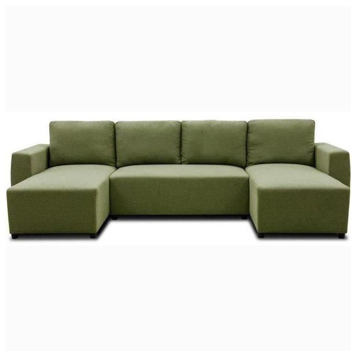 Canapé d'angle convertible panoramique PHARELL 5/6 places - Tissu olive - Coffre de rangement - L297 x P155 x H85 cm