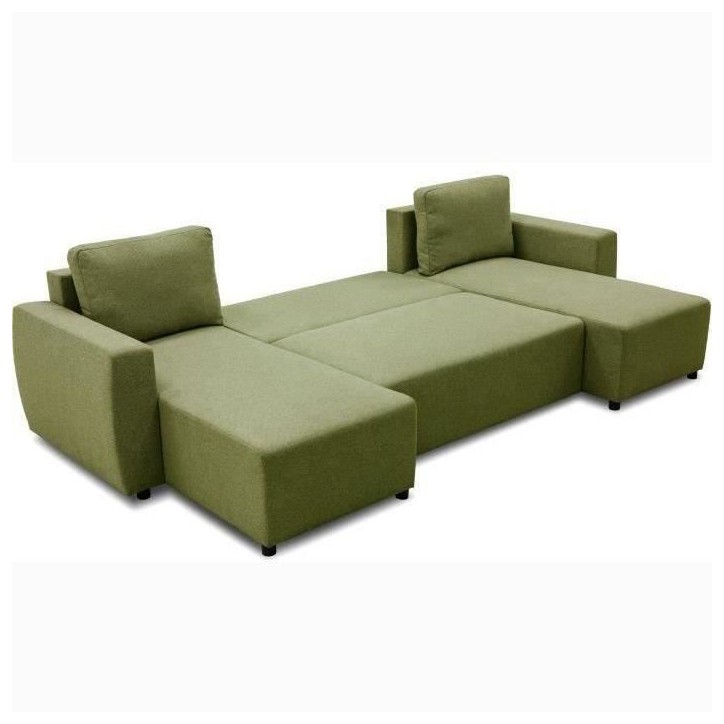 Canapé d'angle convertible panoramique PHARELL 5/6 places - Tissu olive - Coffre de rangement - L297 x P155 x H85 cm