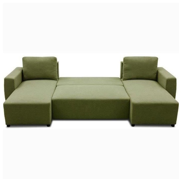 Canapé d'angle convertible panoramique PHARELL 5/6 places - Tissu olive - Coffre de rangement - L297 x P155 x H85 cm