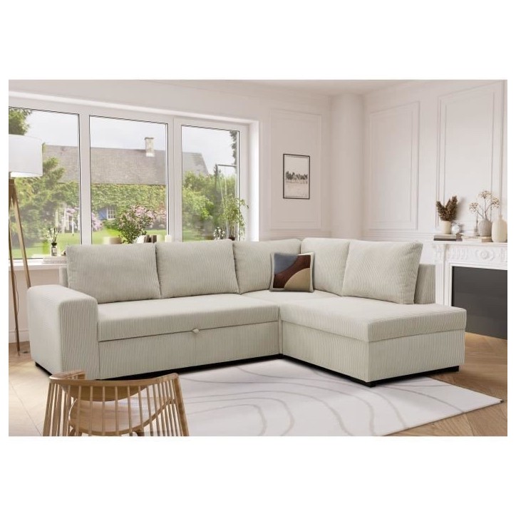 Canapé d'angle convertible réversible NIRVANA 4 a 5 places - Tissu velours côtelé perle - Coffre de rangement - L247 x P 183 Canapé d'angle convertible réversible NIRVANA 4 a 5 places - Tissu velours côtelé perle - Coffre de rangement - L247 x P 183