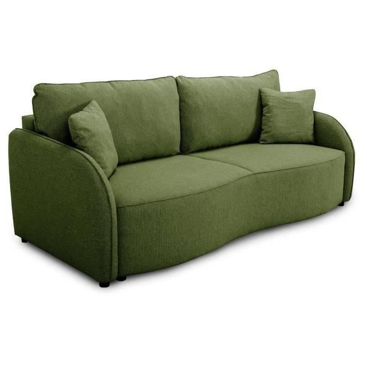 Canapé convertible BARI 3 places - Tissu olive - Coffre de rangement - L215 x H89 x P100 cm