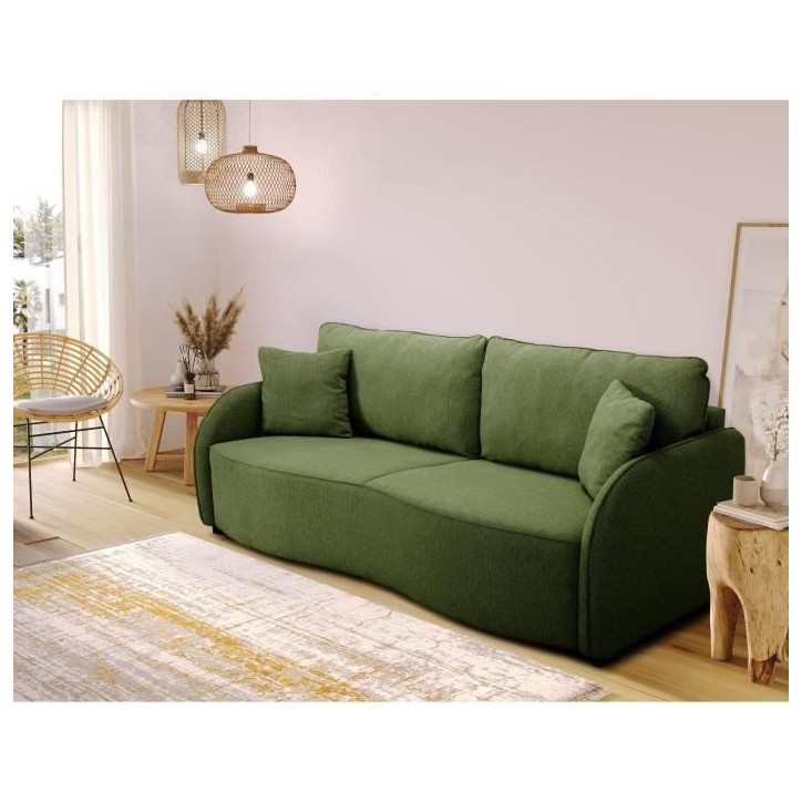 Canapé convertible BARI 3 places - Tissu olive - Coffre de rangement - L215 x H89 x P100 cm
