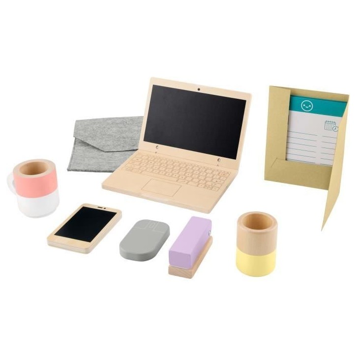 FISHER-PRICE Set de télétravail en Bois, 9 éléments avec ordinateur portable et téléphone en bois HXV11