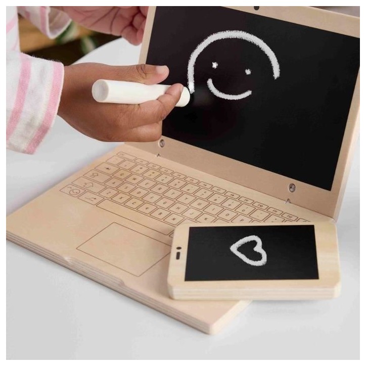 FISHER-PRICE Set de télétravail en Bois, 9 éléments avec ordinateur portable et téléphone en bois HXV11