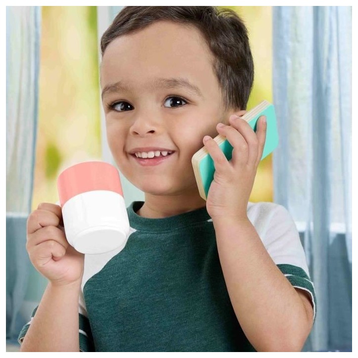 FISHER-PRICE Set de télétravail en Bois, 9 éléments avec ordinateur portable et téléphone en bois HXV11