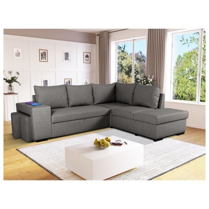 Canapé d'angle convertible réversible 4 places MITCHELL - Tissu Anthracite - L 247 x P 91 x H 205 cm - Coffre de rangement