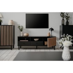 Meuble TV - MONZA - Noir / Chene artisan - 2 tiroirs, 2 niches ouverte
