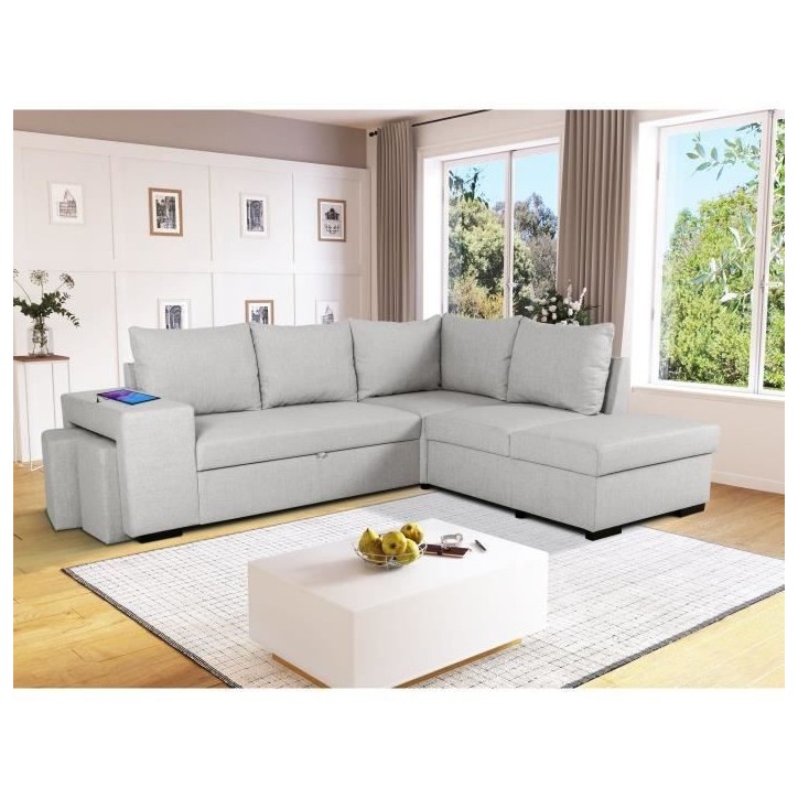 Canapé d'angle convertible réversible 4 places MITCHELL - Tissu Gris - L 247 x P 91 x H 205 cm - Coffre de rangement Canapé d'angle convertible réversible 4 places MITCHELL - Tissu Gris - L 247 x P 91 x H 205 cm - Coffre de rangement