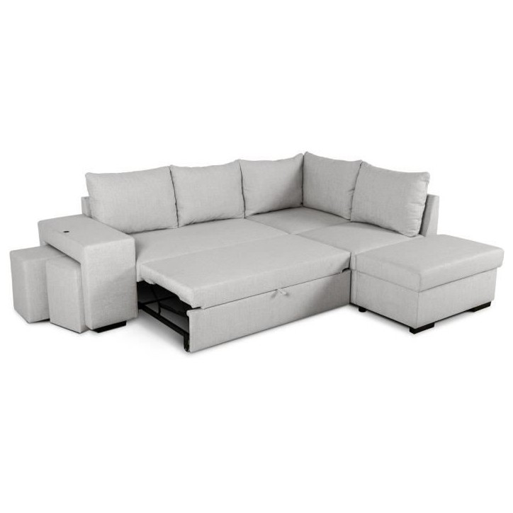 Canapé d'angle convertible réversible 4 places MITCHELL - Tissu Gris - L 247 x P 91 x H 205 cm - Coffre de rangement Canapé d'angle convertible réversible 4 places MITCHELL - Tissu Gris - L 247 x P 91 x H 205 cm - Coffre de rangement