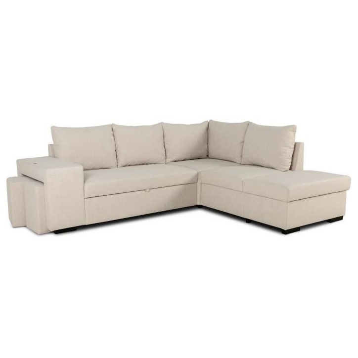 Canapé d'angle convertible réversible 4 places MITCHELL - Tissu Beige - L 247 x P 91 x H 205 cm - Coffre de rangement