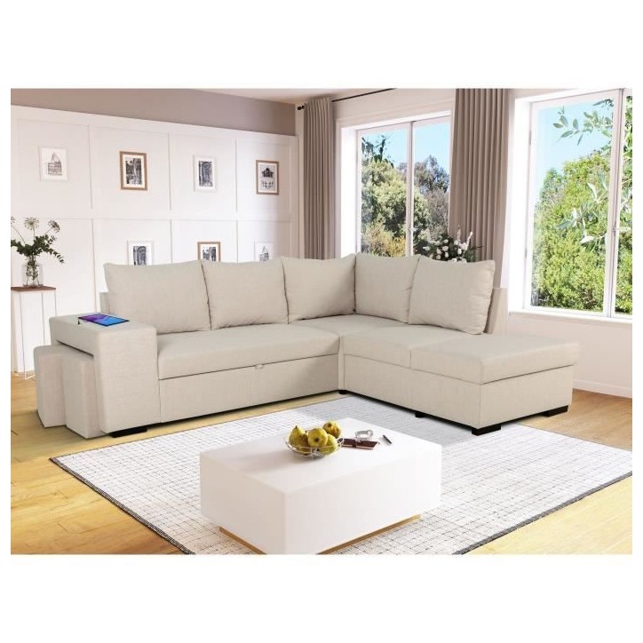 Canapé d'angle convertible réversible 4 places MITCHELL - Tissu Beige - L 247 x P 91 x H 205 cm - Coffre de rangement