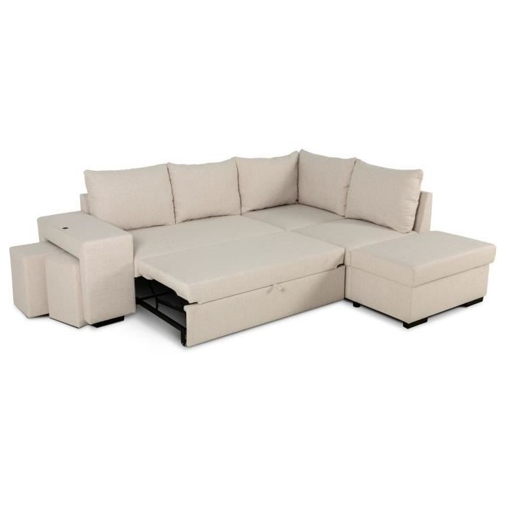 Canapé d'angle convertible réversible 4 places MITCHELL - Tissu Beige - L 247 x P 91 x H 205 cm - Coffre de rangement