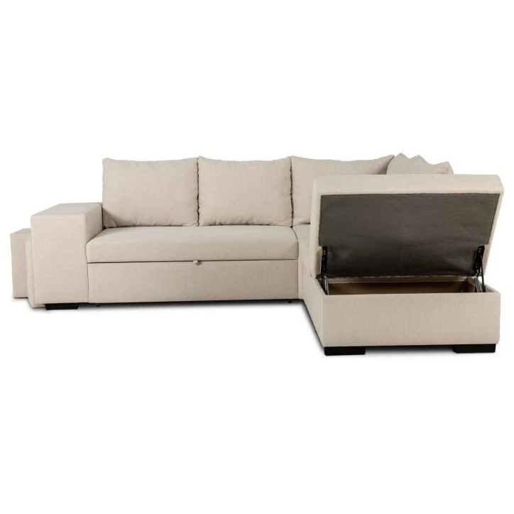 Canapé d'angle convertible réversible 4 places MITCHELL - Tissu Beige - L 247 x P 91 x H 205 cm - Coffre de rangement