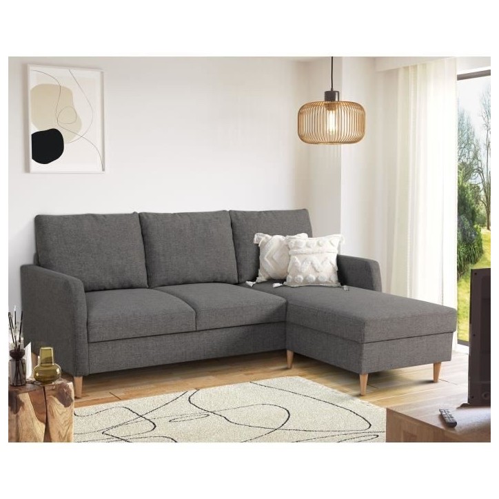 Canapé d'angle fixe 3 places CHIPY - Tissu anthracite - Réversible - L 192 x P 137 x H 82 cm - Pieds noir Canapé d'angle fixe 3 places CHIPY - Tissu anthracite - Réversible - L 192 x P 137 x H 82 cm - Pieds noir