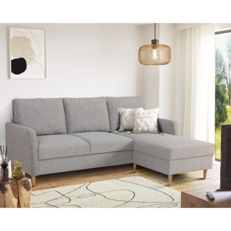 Canapé d'angle fixe 3 places CHIPY - Tissu gris souris - Réversible - L 192 x P 137 x H 82 cm - Pieds bois naturel