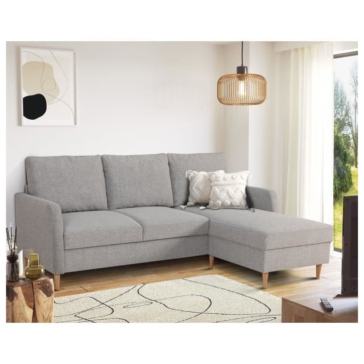 Canapé d'angle fixe 3 places CHIPY - Tissu gris souris - Réversible - L 192 x P 137 x H 82 cm - Pieds bois naturel Canapé d'angle fixe 3 places CHIPY - Tissu gris souris - Réversible - L 192 x P 137 x H 82 cm - Pieds bois naturel