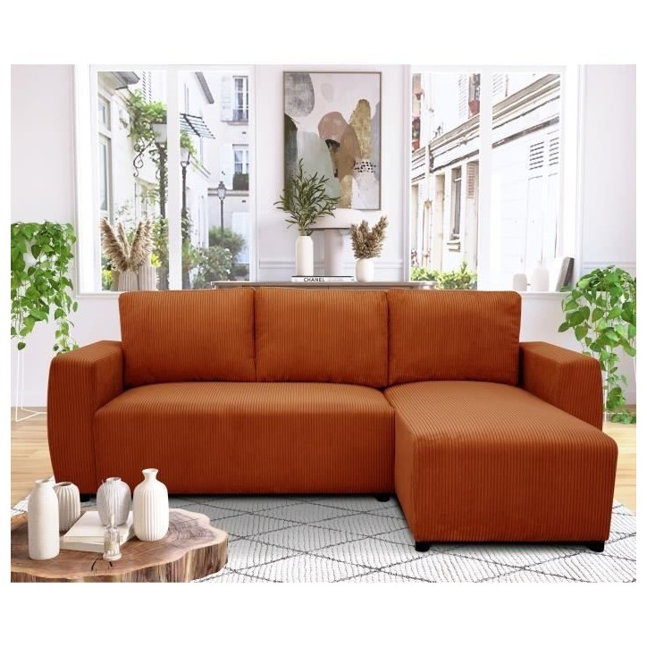 Canapé d'angle convertible 3 a 4 places PHARELL - Tissu velours cotelé terracotta - Réversible - L 224 x P 155 x H 85 cm