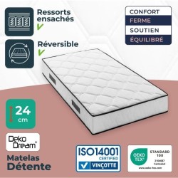 Matelas 90 x 190 cm - Hauteur 24 cm - 380 ressorts ensachés - 7 zones