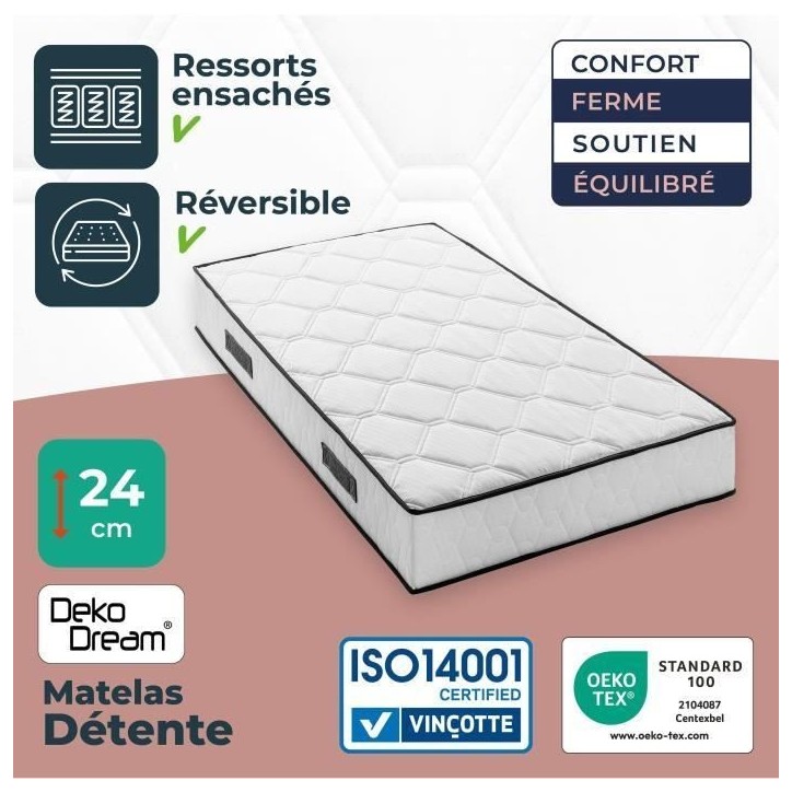 Matelas 90 x 190 cm - Hauteur 24 cm - 380 ressorts ensachés - 7 zones - Equilibré - réversible - fabriqué en Belgique Matelas 90 x 190 cm - Hauteur 24 cm - 380 ressorts ensachés - 7 zones - Equilibré - réversible - fabriqué en Belgique