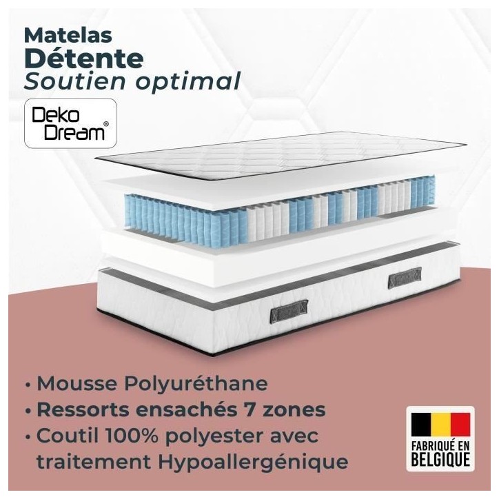 Matelas 90 x 190 cm - Hauteur 24 cm - 380 ressorts ensachés - 7 zones - Equilibré - réversible - fabriqué en Belgique Matelas 90 x 190 cm - Hauteur 24 cm - 380 ressorts ensachés - 7 zones - Equilibré - réversible - fabriqué en Belgique