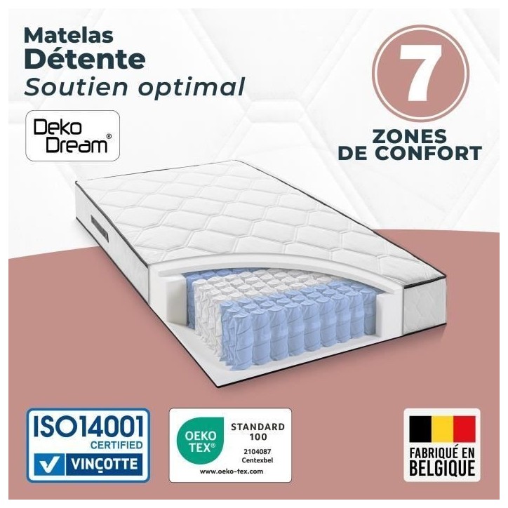 Matelas 90 x 190 cm - Hauteur 24 cm - 380 ressorts ensachés - 7 zones - Equilibré - réversible - fabriqué en Belgique Matelas 90 x 190 cm - Hauteur 24 cm - 380 ressorts ensachés - 7 zones - Equilibré - réversible - fabriqué en Belgique