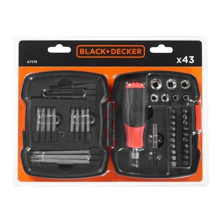 Coffret tournevis a cliquet - BLACK+DECKER - A7175-XJ - 43 pieces - embouts, douilles