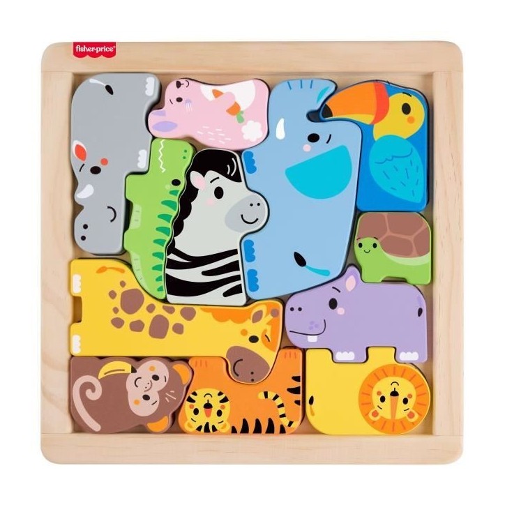 Fisher-Price - Puzzle Animaux en Bois - Tri de formes avec 13 pieces - Fisher-Price - JFG10