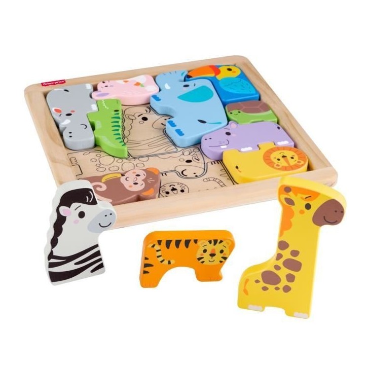 Fisher-Price - Puzzle Animaux en Bois - Tri de formes avec 13 pieces - Fisher-Price - JFG10