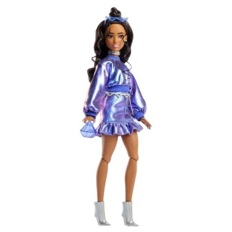 Barbie - Poupée Deluxe Style - Haut et jupe bleu métallisé - Brune