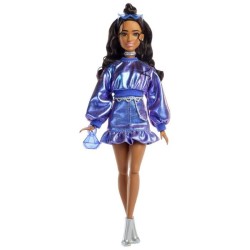 Barbie - Poupée Deluxe Style - Haut et jupe bleu métallisé - Brune