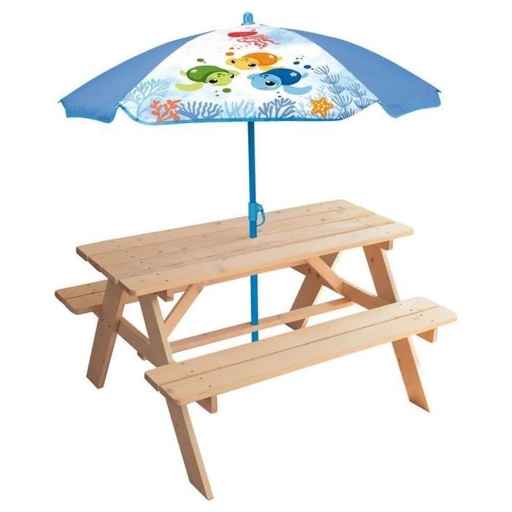 Mobilier de jardin - FUN HOUSE - Table pique-nique en bois Ma Petite Carapace H.53xL.95xP.100 cm avec parasol tortue H.125x100 c Mobilier de jardin - FUN HOUSE - Table pique-nique en bois Ma Petite Carapace H.53xL.95xP.100 cm avec parasol tortue H.125x100 c