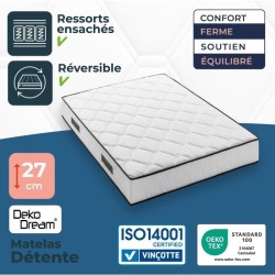 Matelas 140 x 190 cm - Hauteur 27 cm - 580 ressorts ensachés - 7 zone