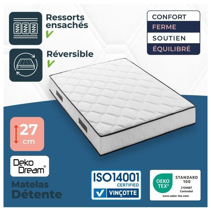 Matelas 140 x 190 cm - Hauteur 27 cm - 580 ressorts ensachés - 7 zones - Equilibré - réversible - fabriqué en Belgique - DEK