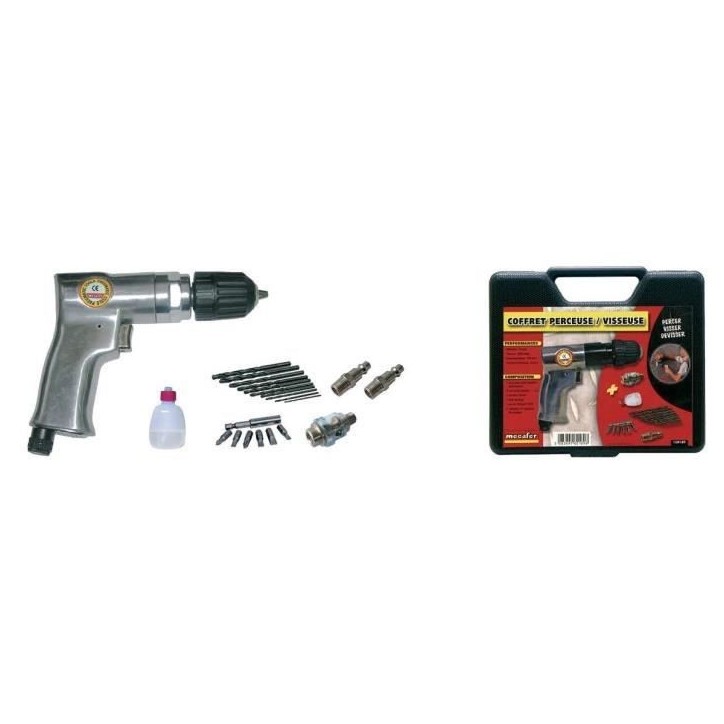 MECAFER Perceuse et serreuse pneumatique - mandrin 10mm + 10 forets HSS + 6 embouts vissage + accessoires MECAFER Perceuse et serreuse pneumatique - mandrin 10mm + 10 forets HSS + 6 embouts vissage + accessoires