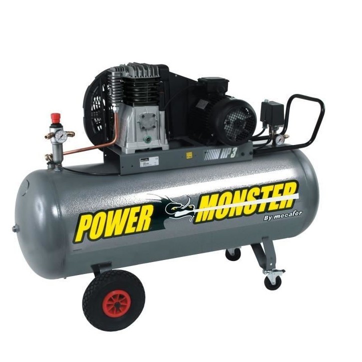 Compresseur - MECAFER - 200 L - 3HP - Bicylindre courroie - 10 bars - Semi Pro PowerMonster Compresseur - MECAFER - 200 L - 3HP - Bicylindre courroie - 10 bars - Semi Pro PowerMonster