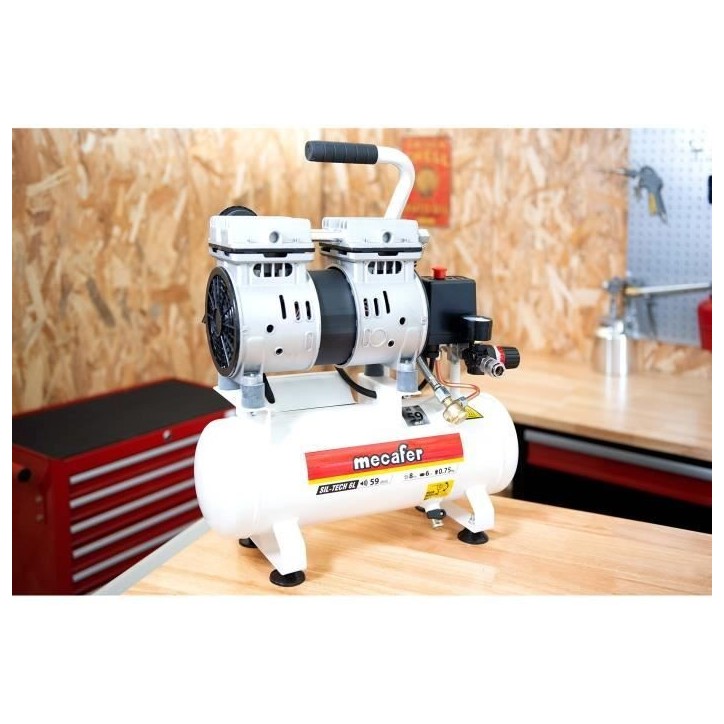 Compresseur silencieux - MECAFER - 425513 - 6L - 0,5HP - Gris Compresseur silencieux - MECAFER - 425513 - 6L - 0,5HP - Gris
