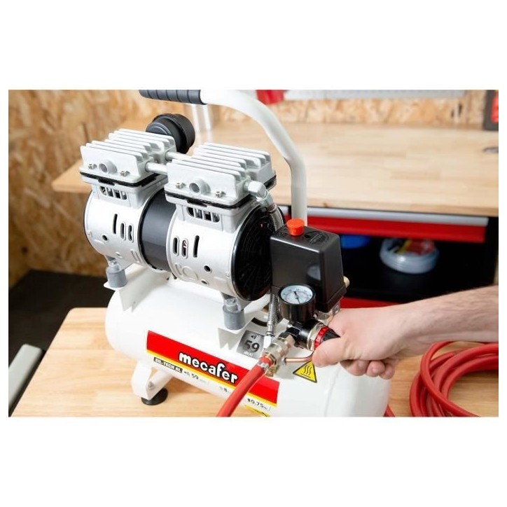 Compresseur silencieux - MECAFER - 425513 - 6L - 0,5HP - Gris Compresseur silencieux - MECAFER - 425513 - 6L - 0,5HP - Gris
